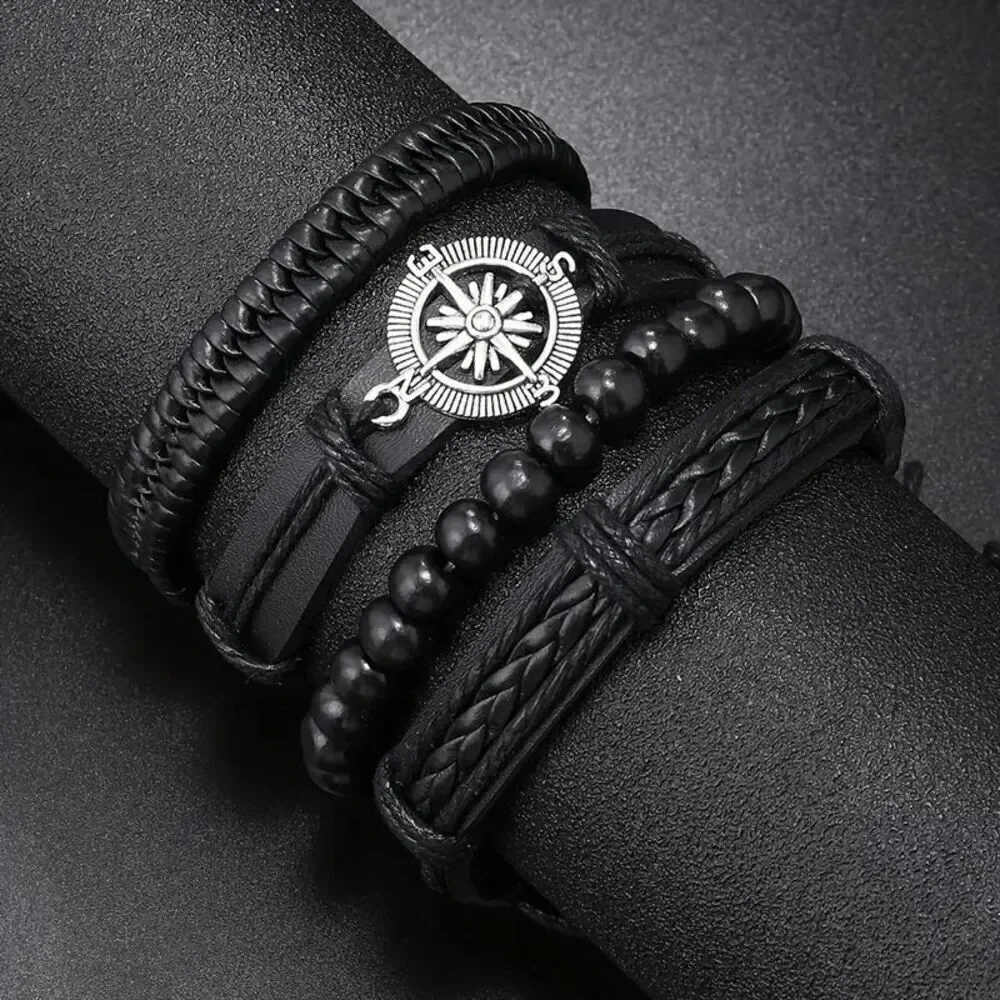 Black Leather Compass Bead Bracelet Set - 4 Piece Set
